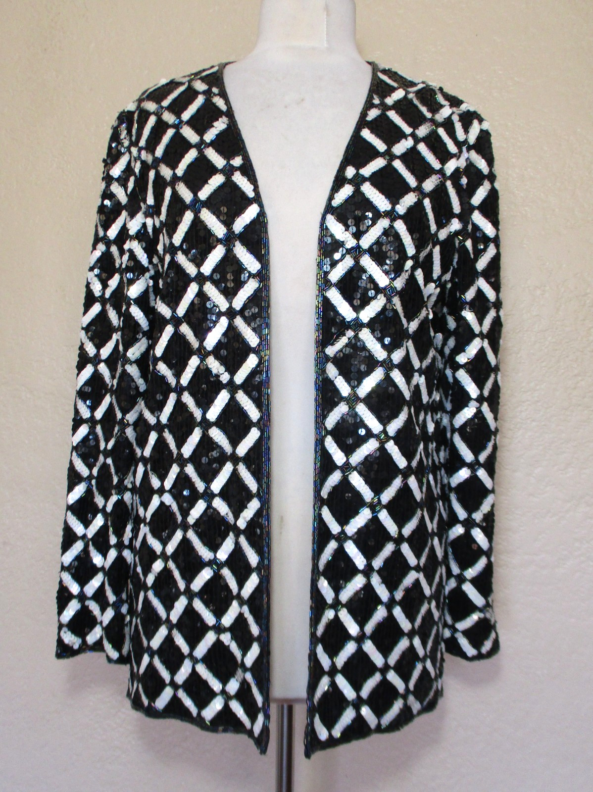 Vintage Joan Leslie Evenings Women’s Silk Sequin Jacket Black White Diamond M