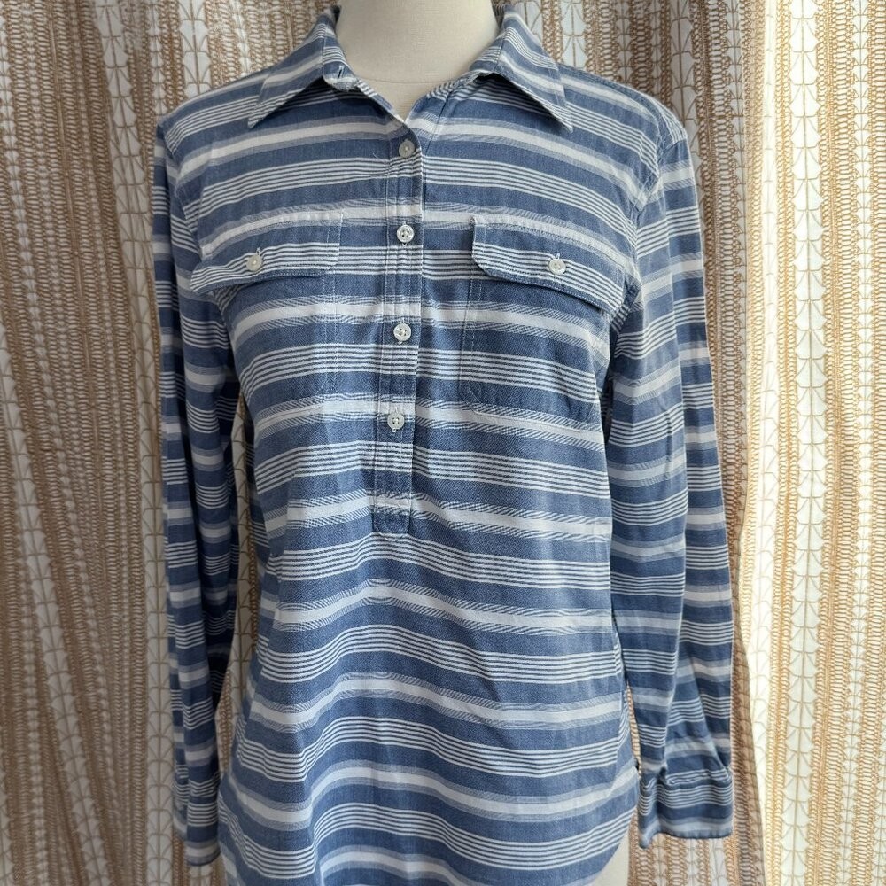 Chaps Denim Blue & White Striped Pullover Blouse | Size M
