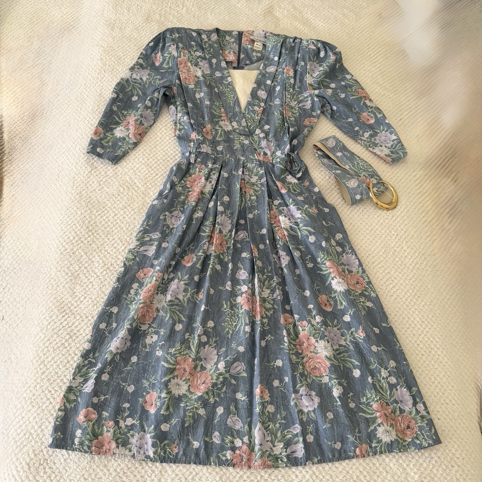 Vtg 90s Floral Print Midi Dress 12P Modest Cottage Core Prairie Feminine Church