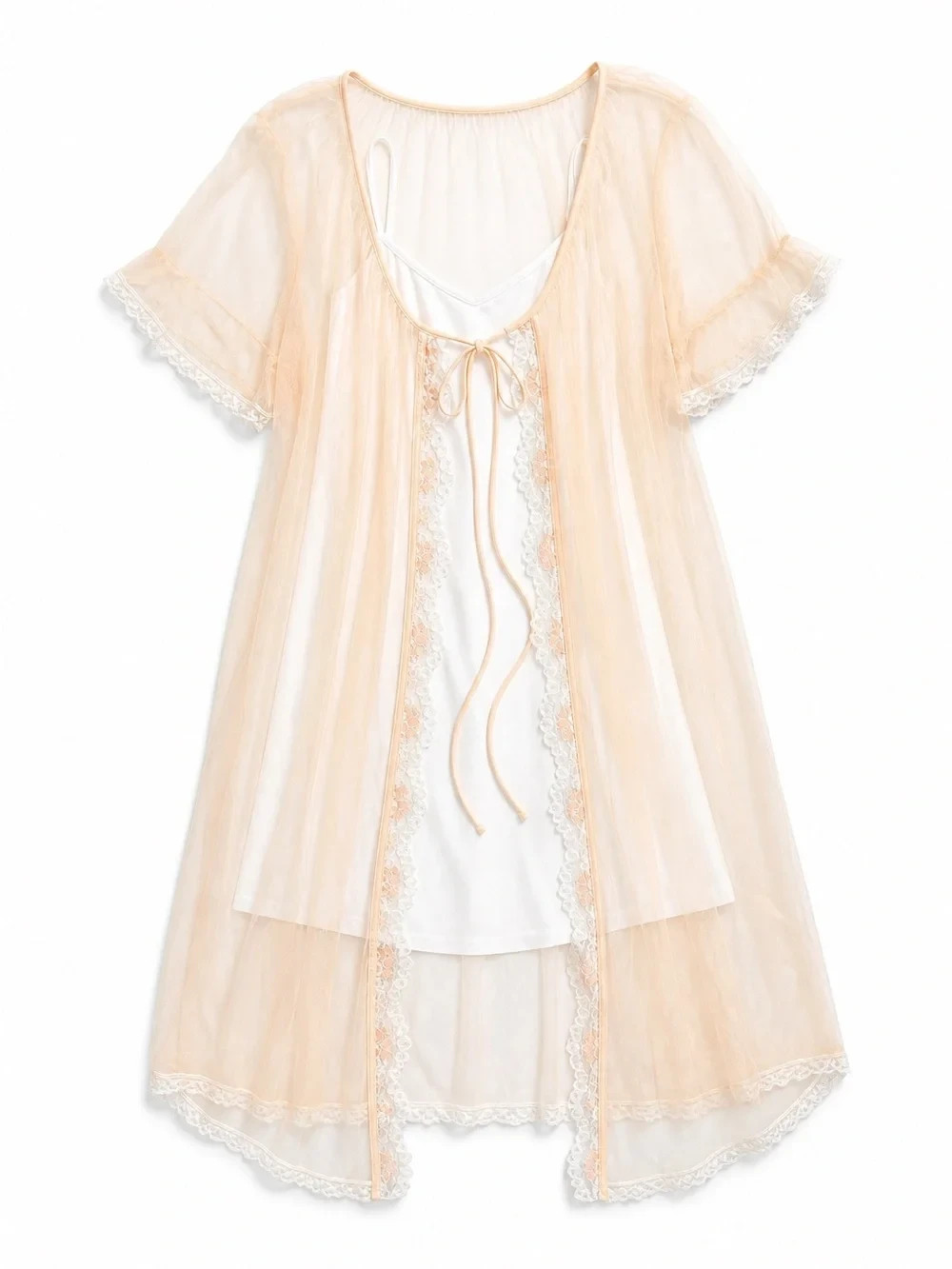 Vintage Nylon Mesh Lace Lined Tie Front Robe, Peaches and Cream OS