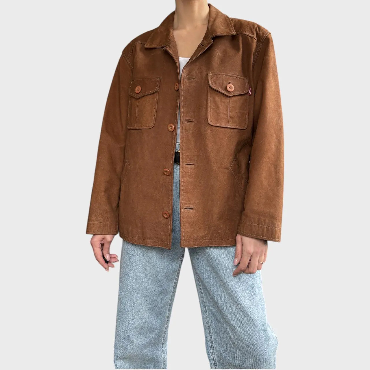Vintage Brown Leather Jacket Oversized Unisex Button Up size US L/XL