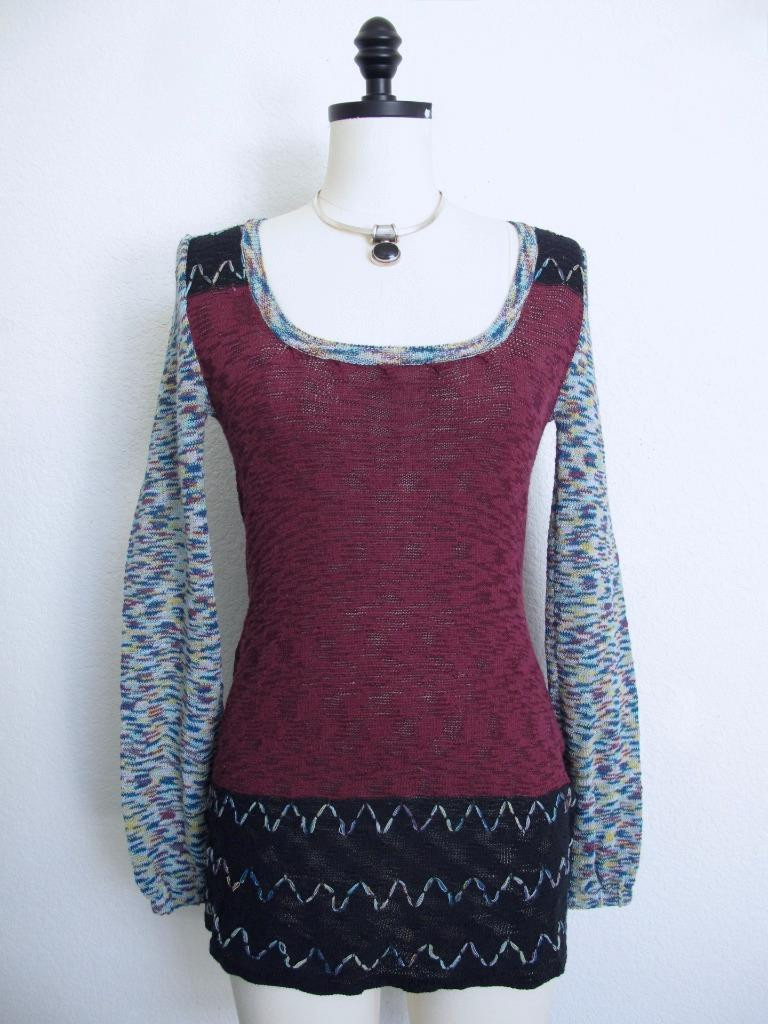 Vintage 90s BKE Mod Tunic Sweater S Mixed Media Embroidery HIppie Burgundy Black