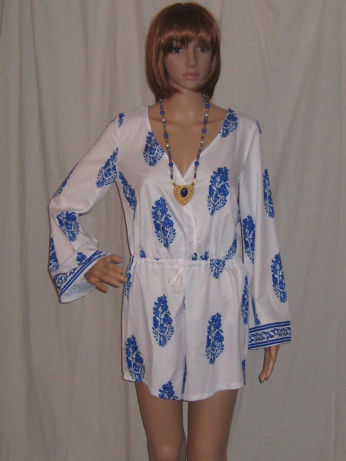 Vintage Shorts One Peice Playsuit Hippy Boho Ethic Festival Cobalt/White Medium