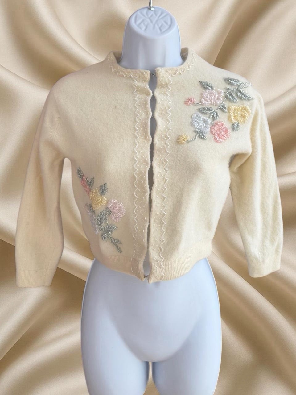 Vintage Beaded Floral Angora Cardigan Sweater Coquette Cottagecore Top Size XS