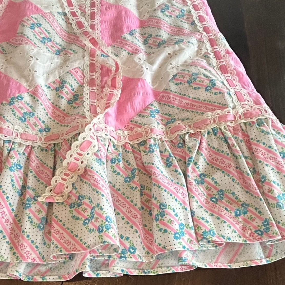 Vintage Mountain Artisan Patchwork Maxi Skirt Pink Floral Eyelet 70s Cottagecore