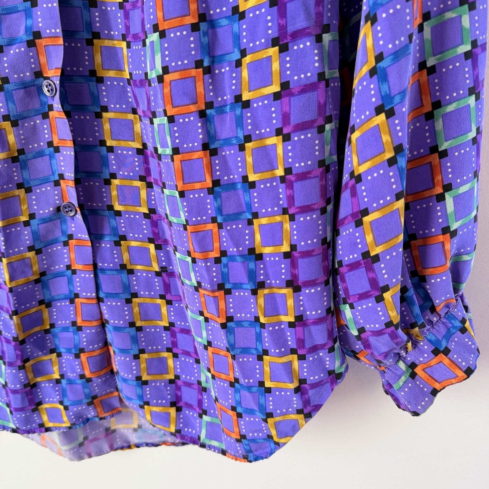 Vintage 90s Pure Silk Geometric Blouse Purple Memphis Art