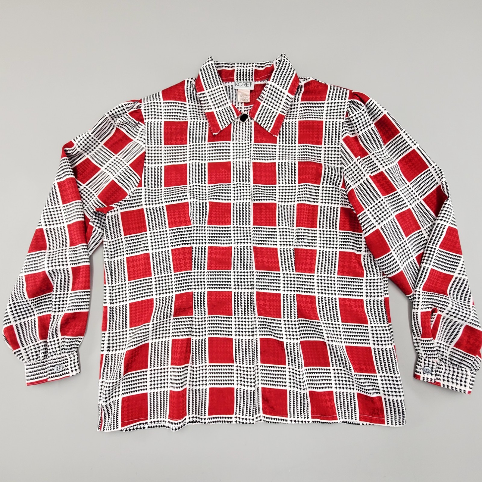 80s Koret Blouse Geometric Secretary Retro Bold Plaid Print Red Buttondown