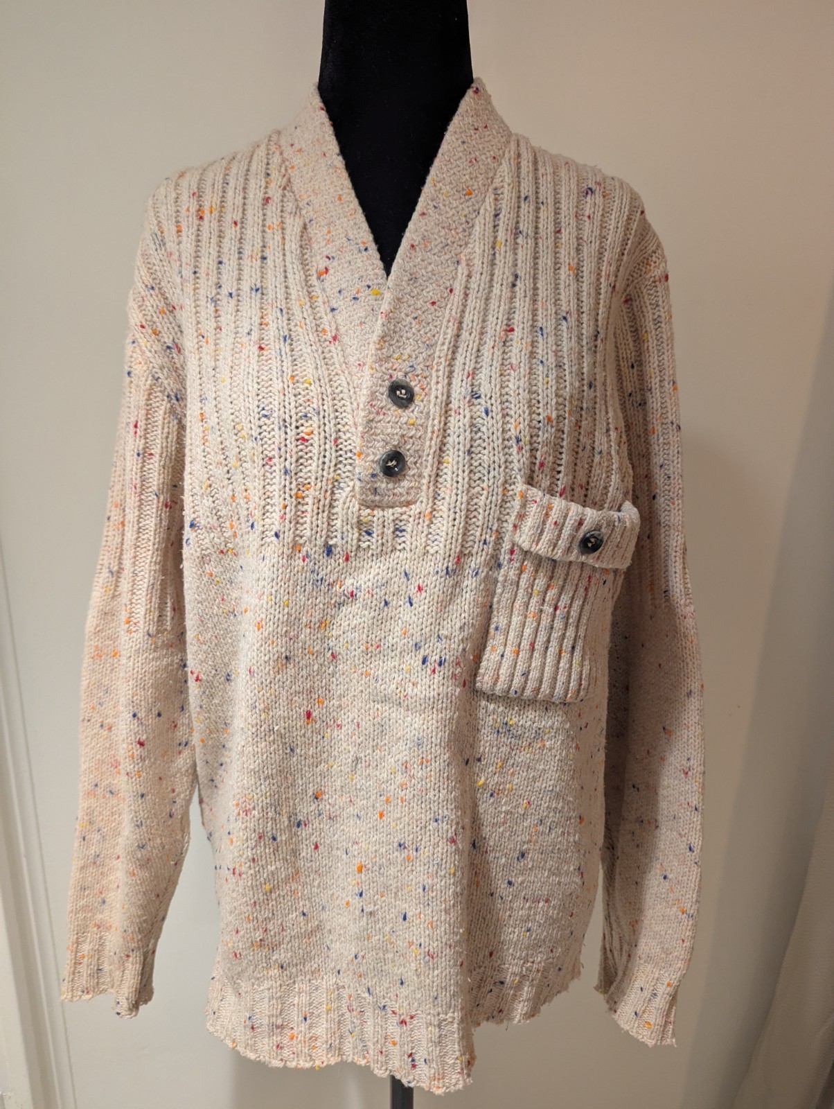 Vintage 1960s Mens Prince Igor Cream Confetti Sweater Pullover Small Wool Suede