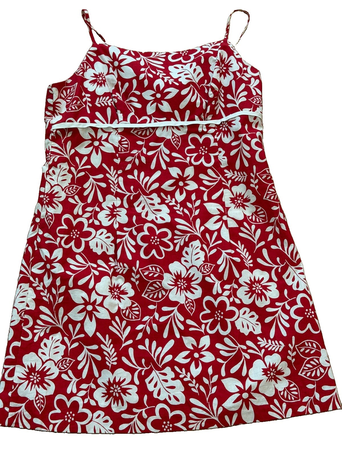 VTG 90s La Belle Red White Tropical Floral Sundress 11 Made in USA Tiki Retro