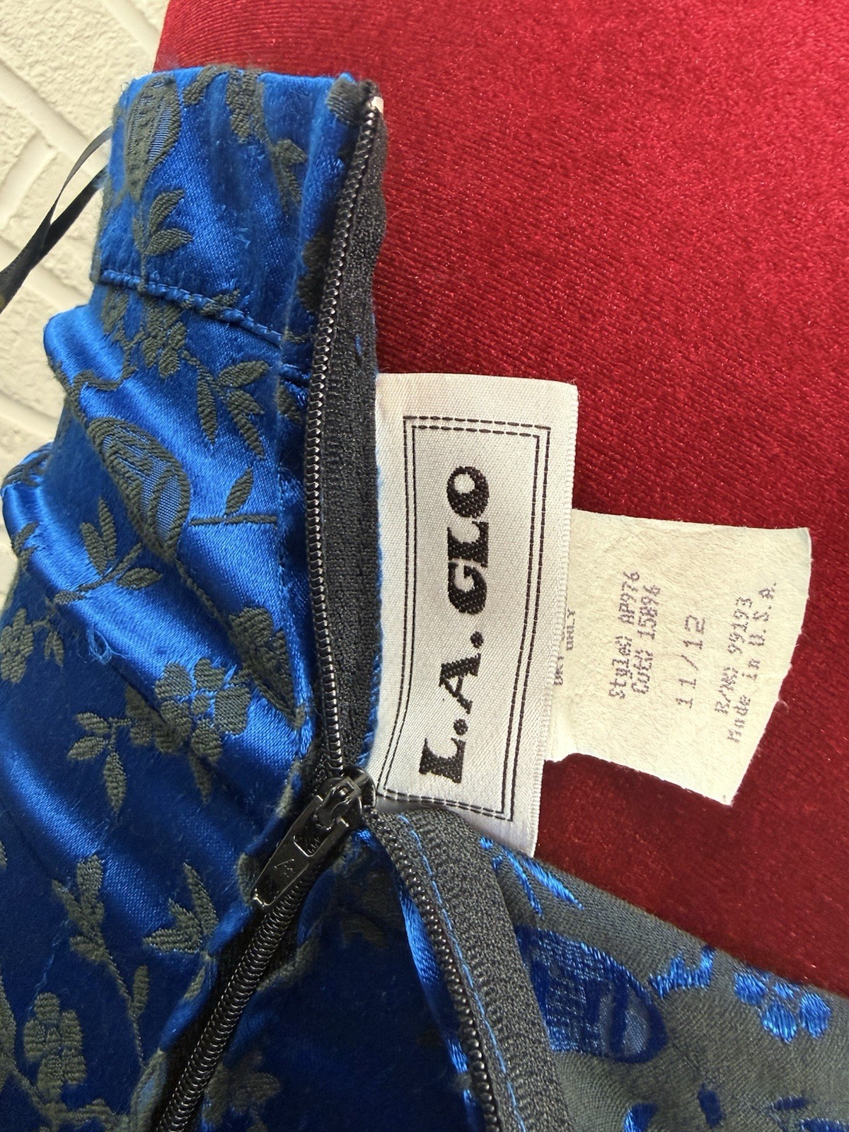 Vintage 90s L.A. Glo S Blue Black Floral Brocade Strapless Maxi Dress USA