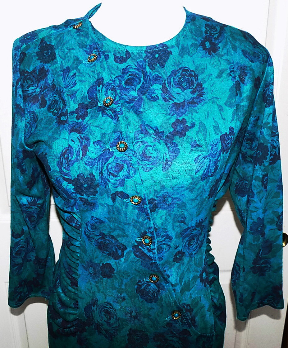 Vintage 80s Blue Aqua Floral Ruched Sides Dress Joni Blair of California Size 7
