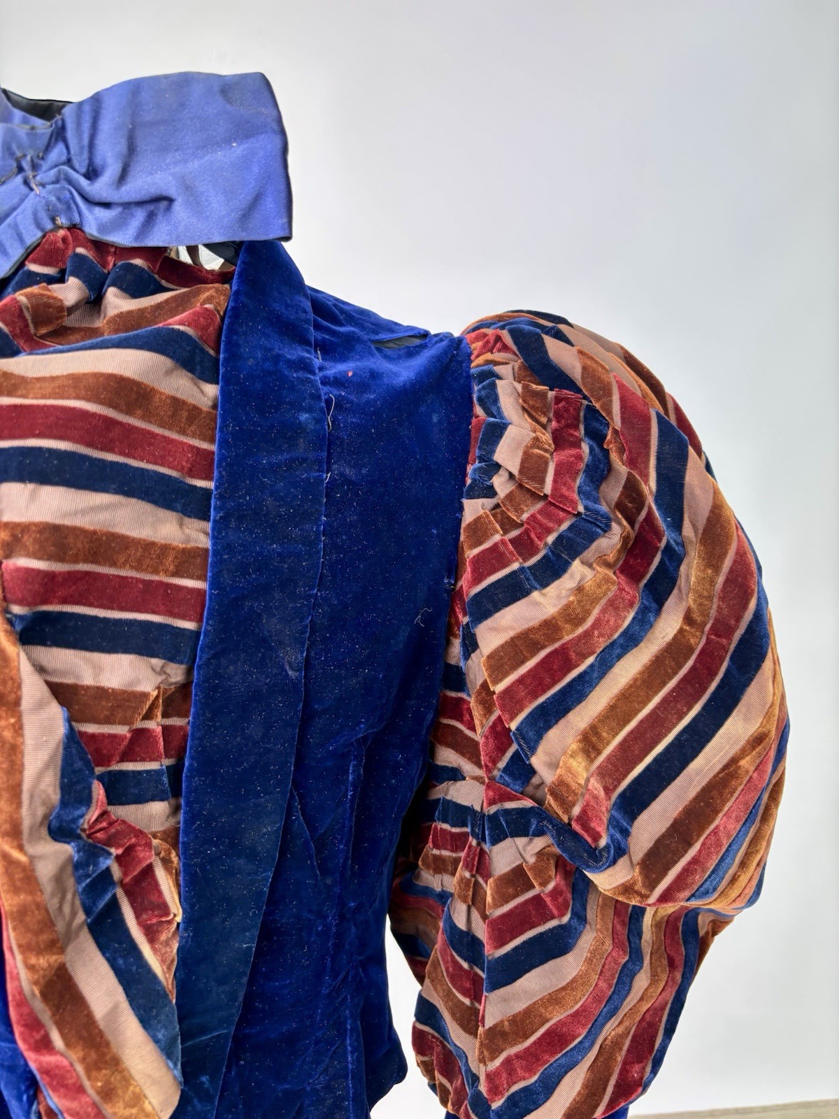 Antique Victorian Royal Blue Velvet Brown Stripes Jacket Leg of Mutton Sleeve