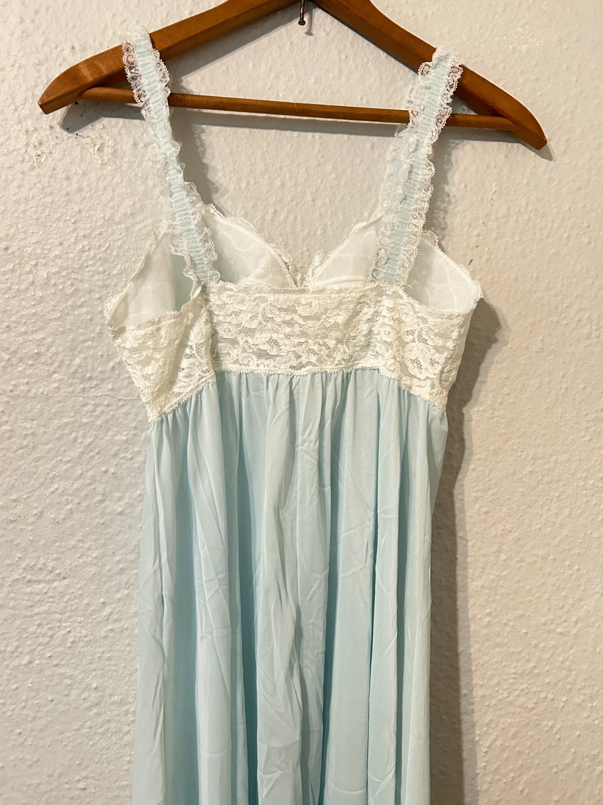 Vtg 70s Small Light Blue White Soft Padded Bra Top Nylon Nightgown Lace Maxi