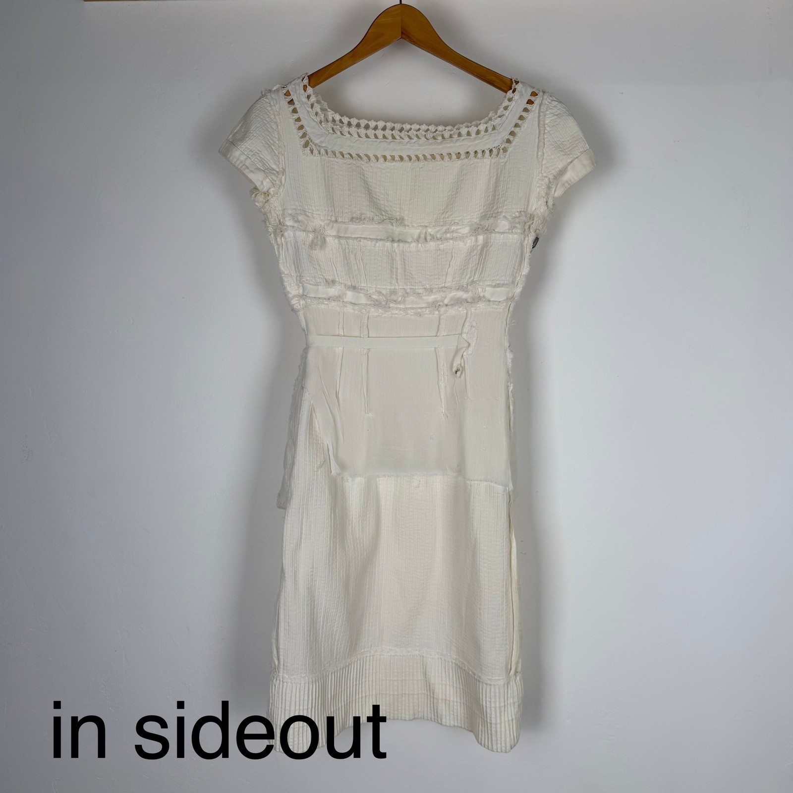 VTG 50s Cream White Crochet Lace Square Neck Textured Cap Sleeve Shift Dress