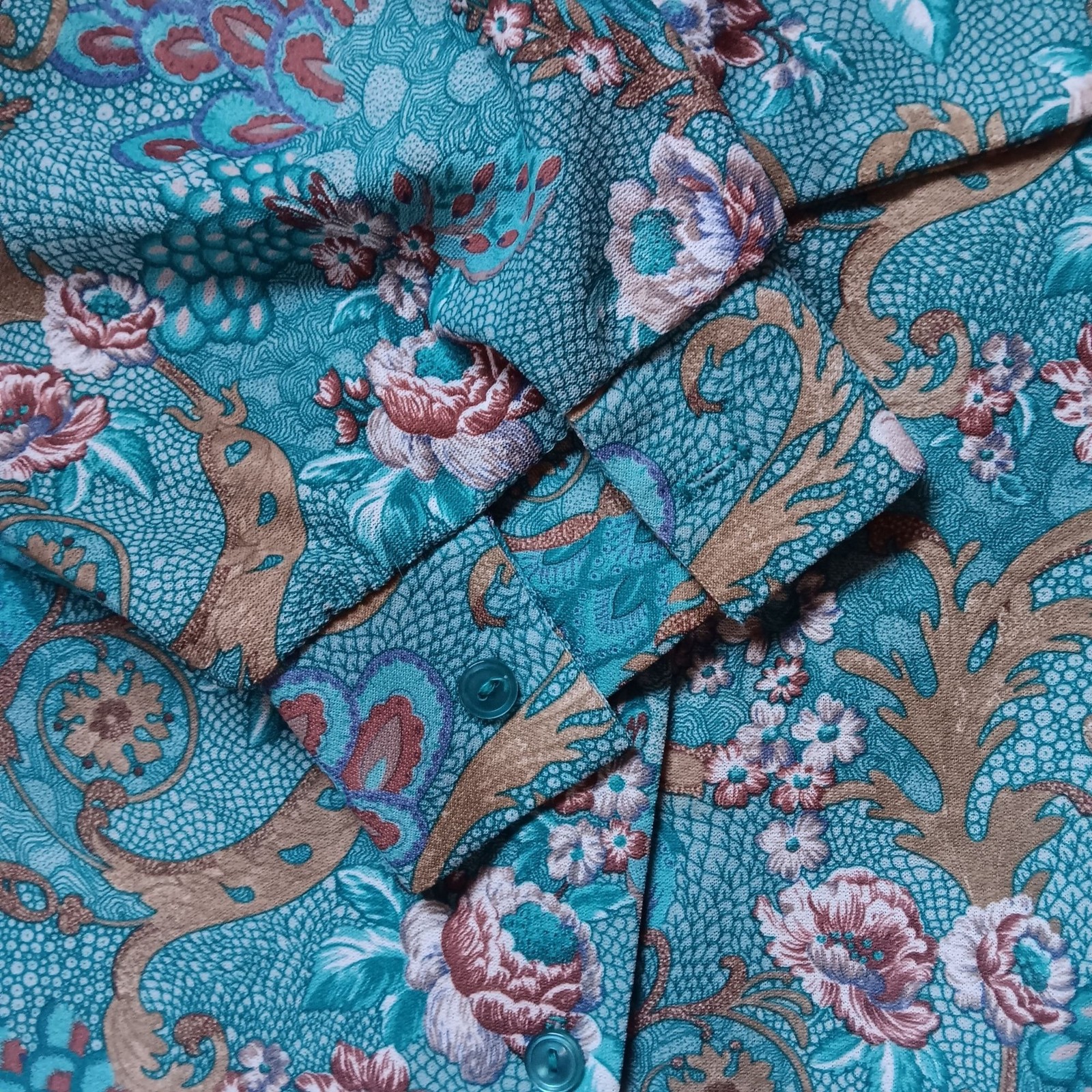 True Vintage Women’s Secretary Blouse XL 80s Graff Turquoise Paisley Tie-Neck