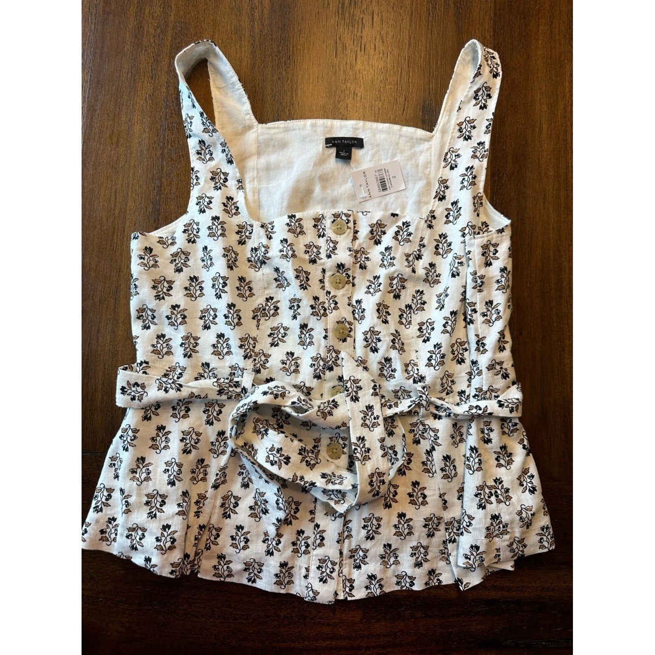 Ann Taylor White Floral Button-Front Linen-Blend Camisole- size 2