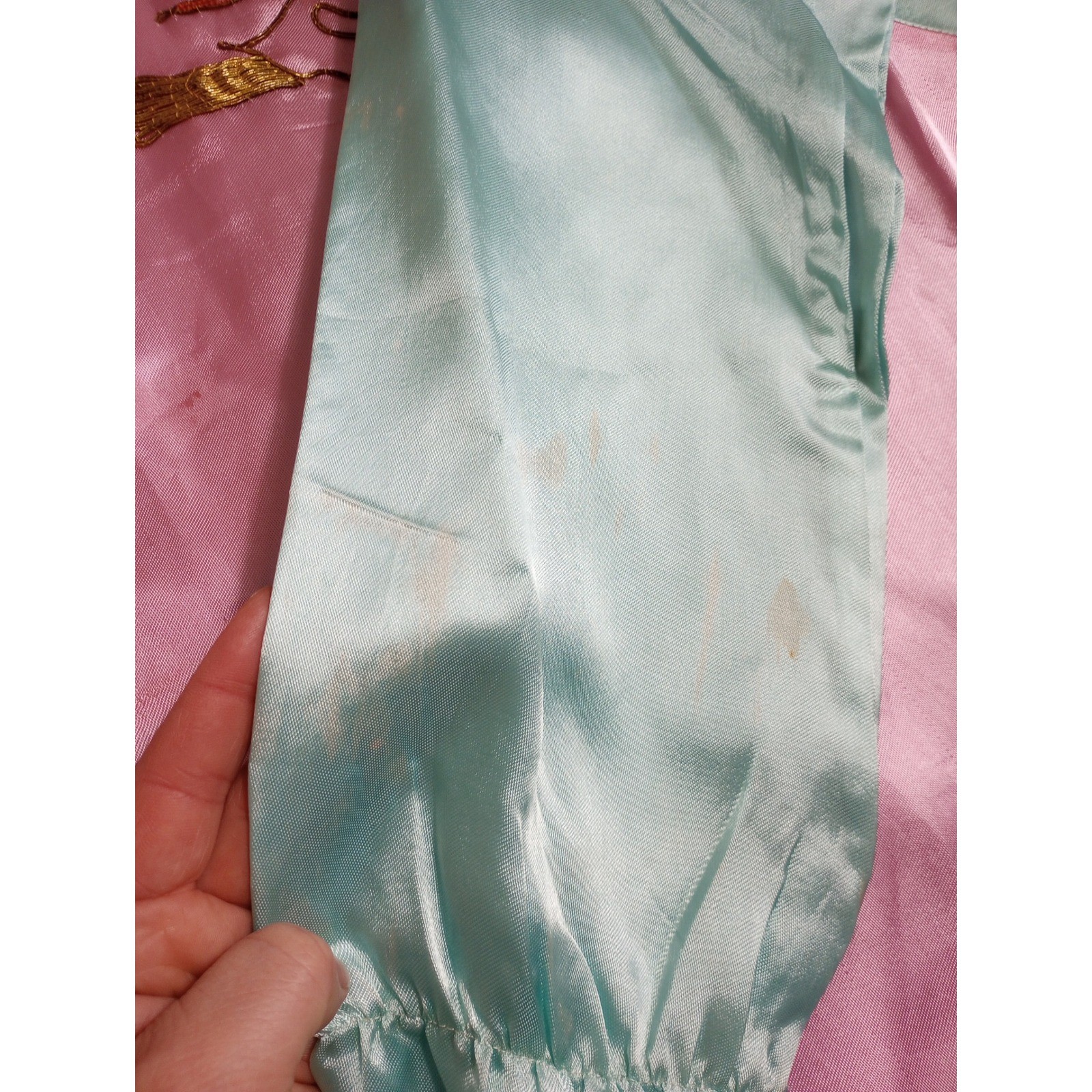 Vintage Pink Aqua Satin Dragon Embroidered Blouse Mandarin Collar