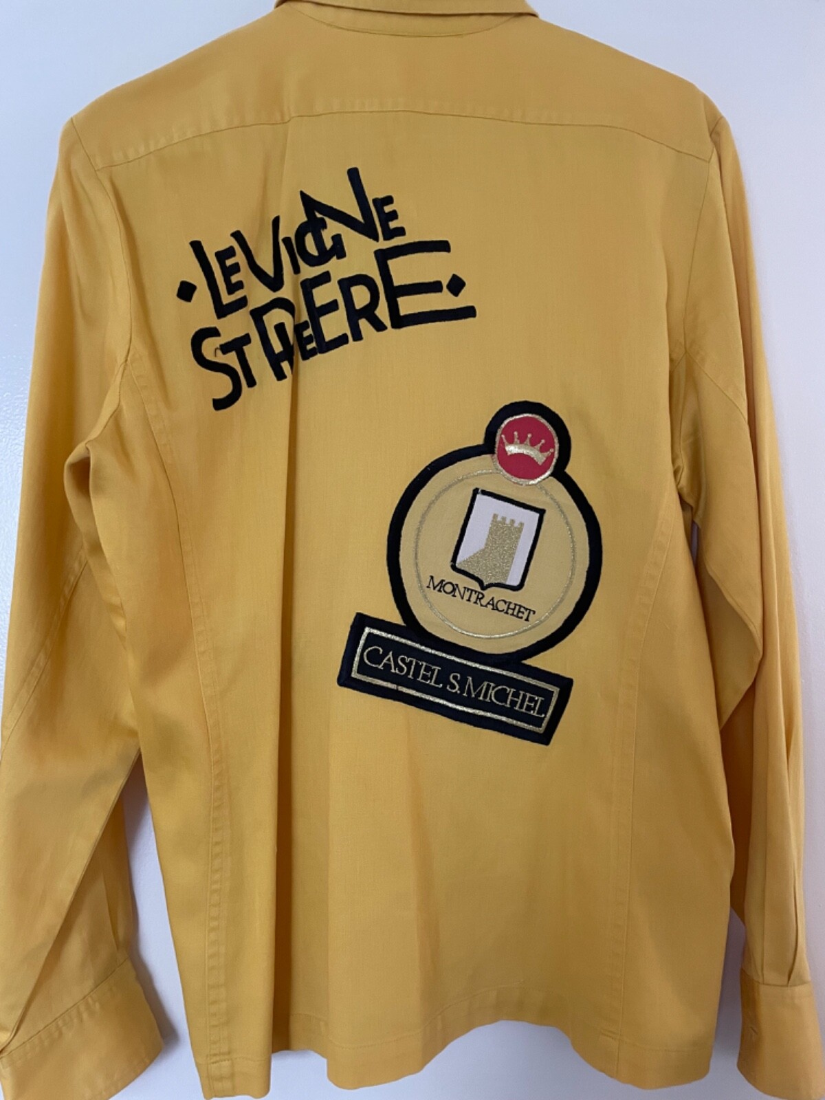 Rare Vintage Multi Motif French Wine Patches Designer Yellow Women’s Shirt – S