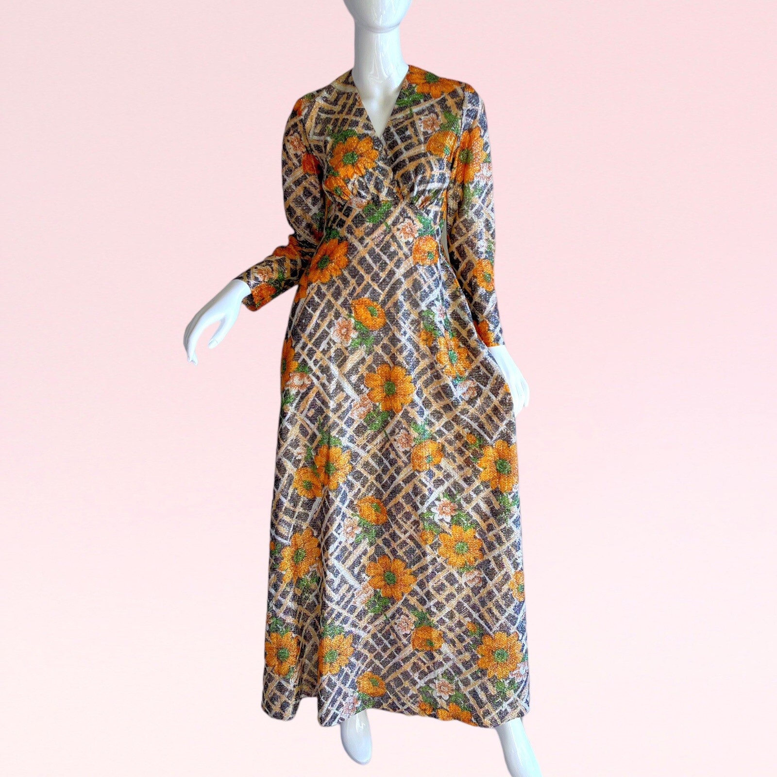 1970s Vintage Avalon Metallic Gold Lame Sunflower Novelty Print Maxi Dress