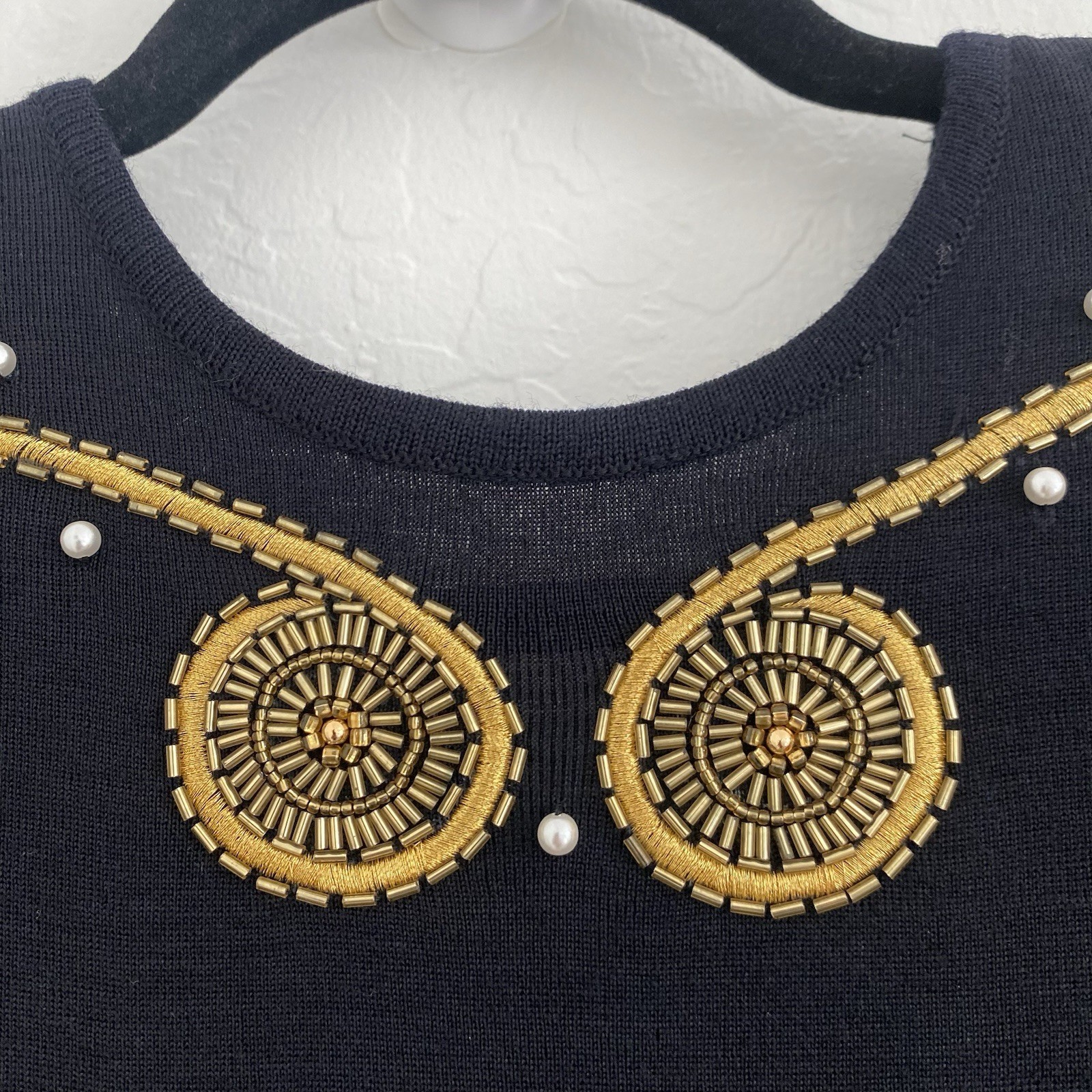 Fusion vintage 80s dress women Sz P black/Gold embroidery Knit Evening Night Out