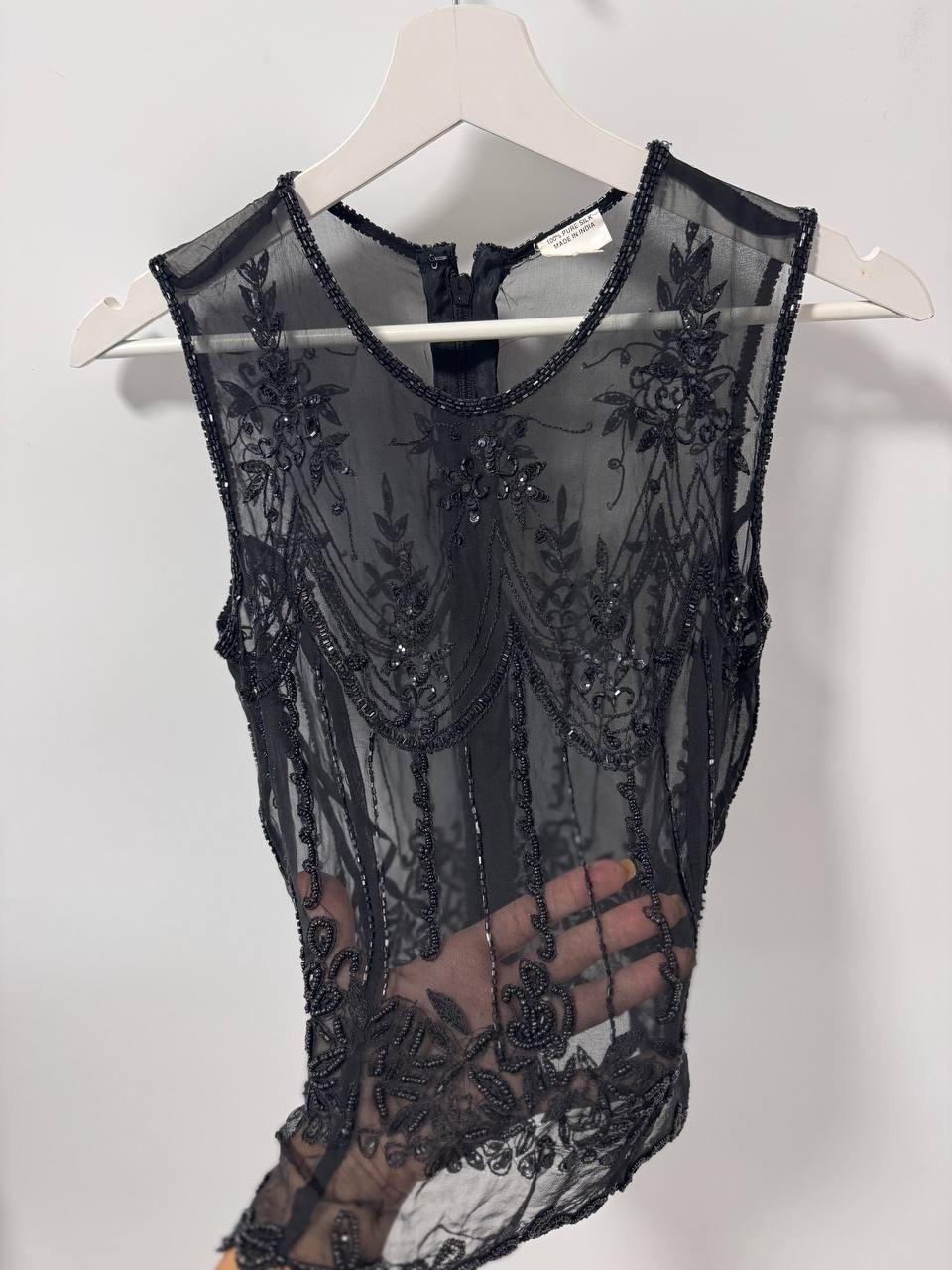 Vintage Black 100% Silk Hand Beaded Sheer Top Women’s Size S Art Deco Style Made