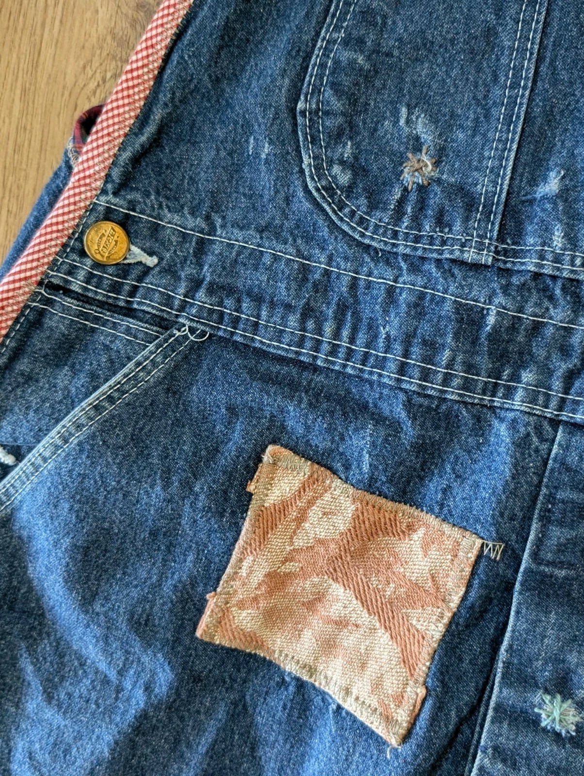VINTAGE 1995 Crispina FFrench Handmade Artist Upcycled PATCHWORK OVERALLS 36×32
