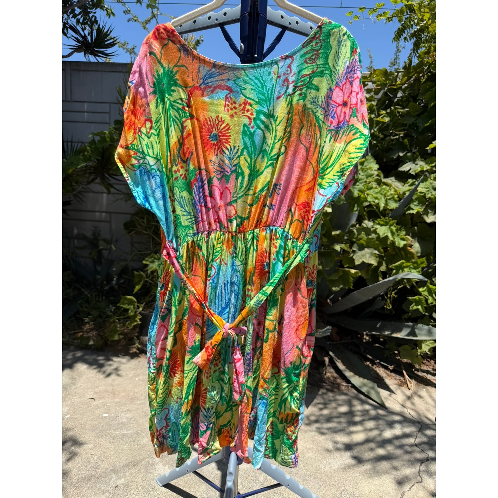 Vintage 90s Babydoll Mini Dress Large Tropical Floral Rainbow Jennifer Moore