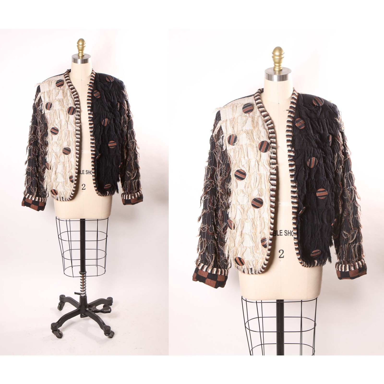 1980s Black Cream Tan Fringe Long Sleeve Color Block Jacket by Crystal