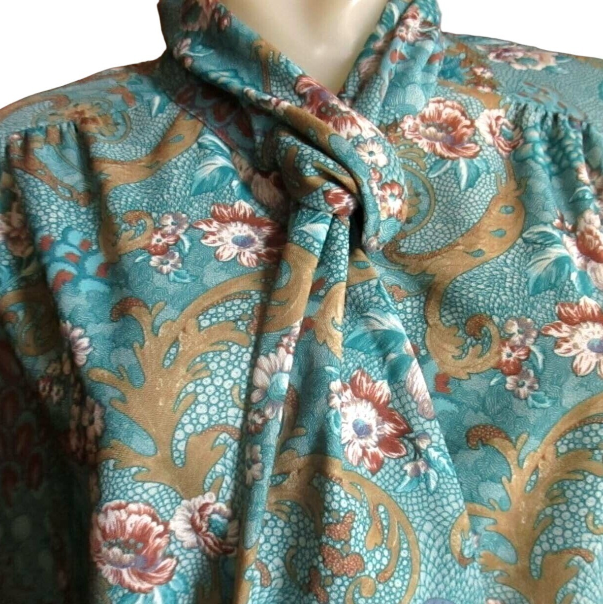 True Vintage Women’s Secretary Blouse XL 80s Graff Turquoise Paisley Tie-Neck