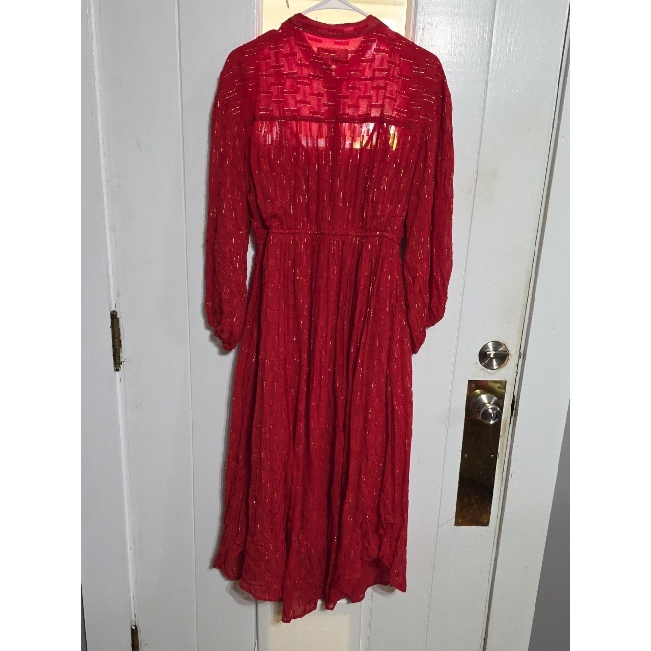 Anthropologie Long-Sleeve Dress Red W/Gold Threading Lined Flowy Gauzy Sz XS EUC