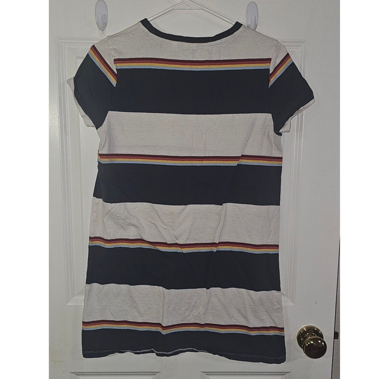 Junk Food Atari Striped T-Shirt Dress Navy White Rainbow Retro Logo Womens Med
