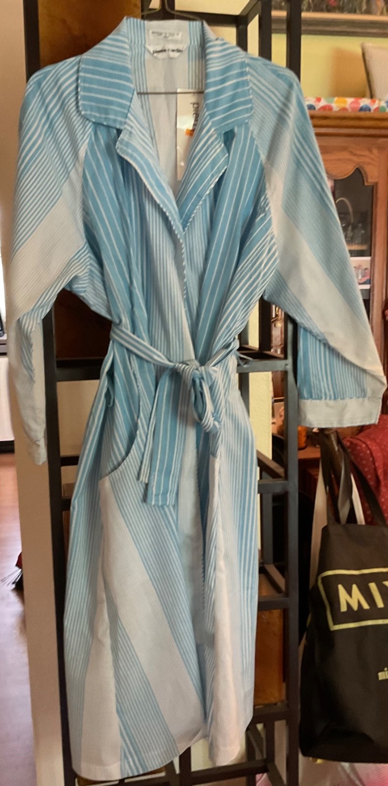 VTG Pierre Cardin Striped Robe Blue White Short Sleeve Belted Loungewear NWT L