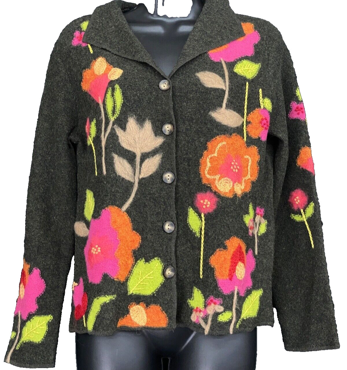 Vintage 1990s floral embroidered sweater, gray pink cardigan oversized wool