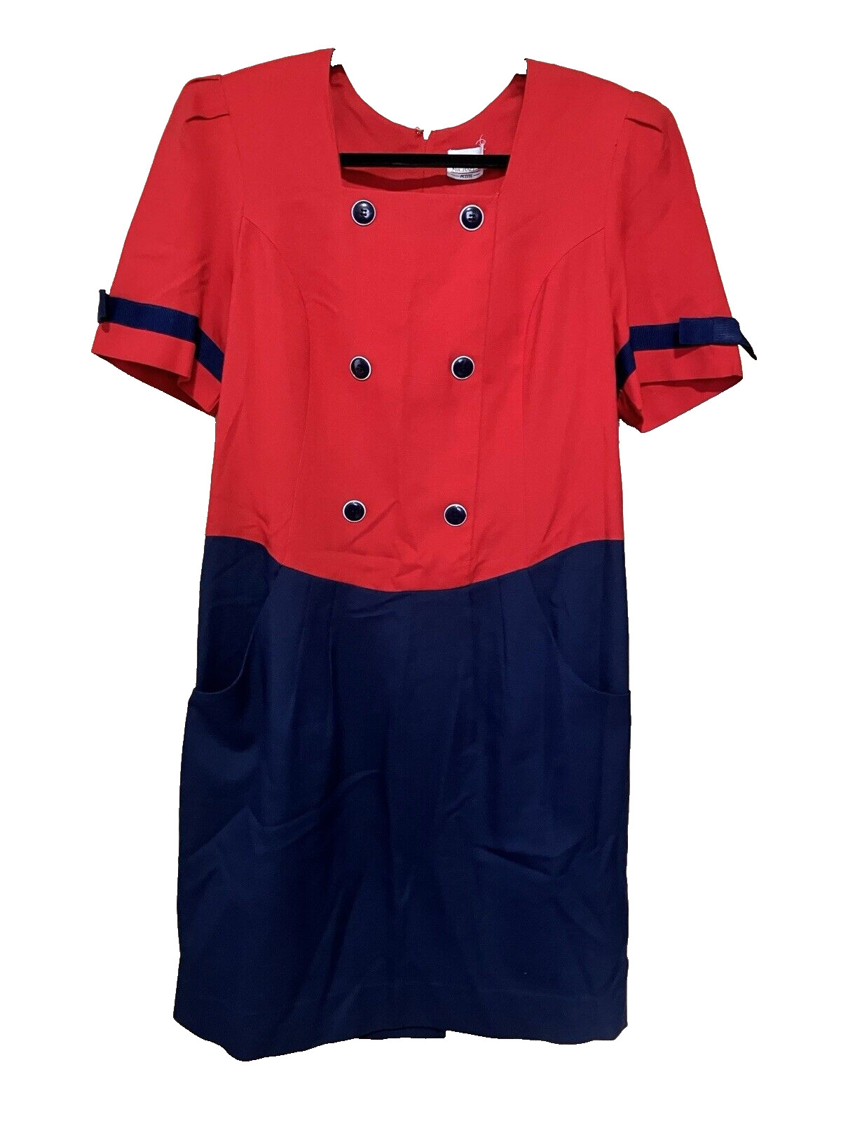 1980s Shelly Michael’s Petites Red Navy Short Sleeve Double Breasted Dress Sz M