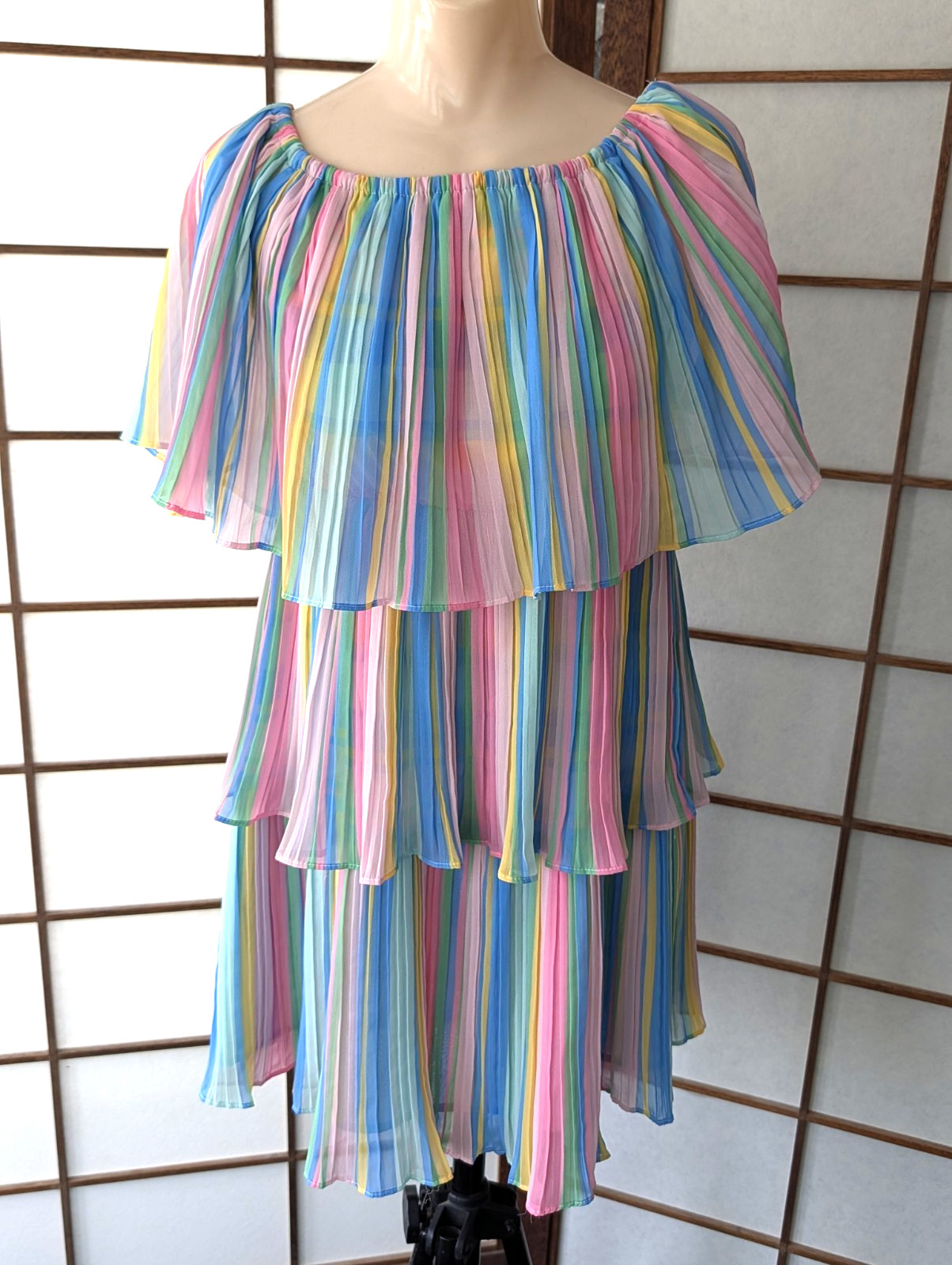 Vintage 1980s Three-tiered Pastel Striped Off The Shoulder Ruffle Mini Dress S/M