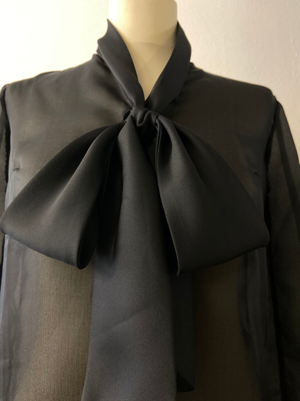 Chic Women’s Vintage Blouse | Sheer Black Bow Tie | bracelet Sleeve | Size M/L