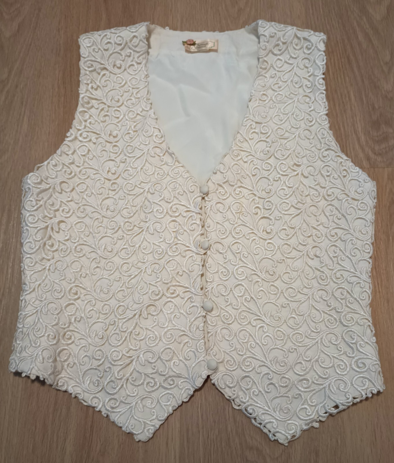 Vtg 80s BONNIE STRAUSS Soutache Embroidery Overlay Ivory Waistcoat Vest Top 6, M