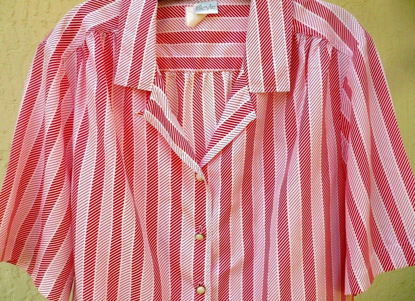 VTG 80S BLEYLE 1X PLUS RED XMAS CANDY CANE LOOK STRIPE SILKY SHORT SLEEVE BLOUSE