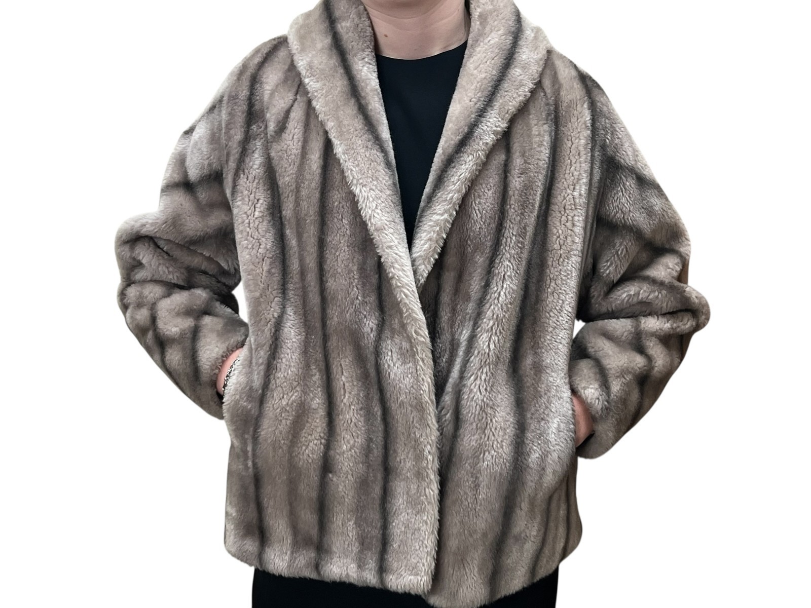 Vtg 50 60s Sz S~M~Sm L FAUX FUR Jacket Coat Silver Dark Stripe Stroller Wrap