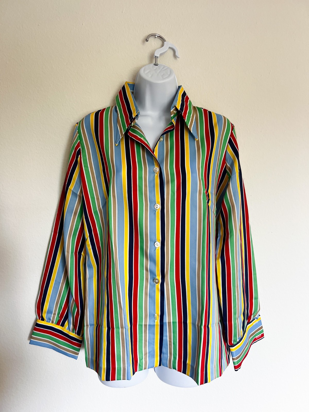 Vintage 70’s Spiegel Colorful Polyester Blouse Shirt Button Up Striped Size 10