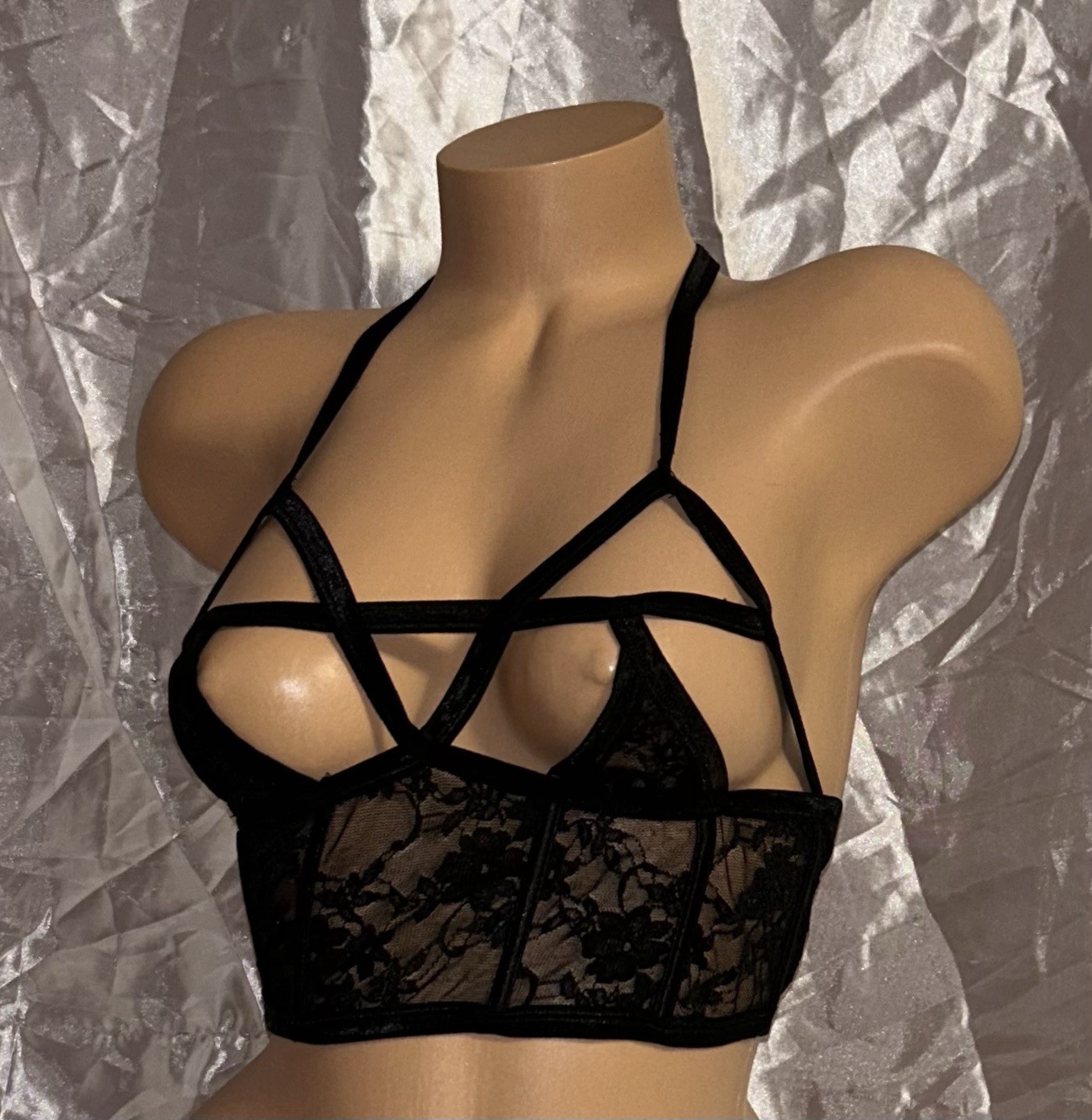 Black Sheer Lace Underwire Boned Tie Around Neck Bra Brassiere Bustier
