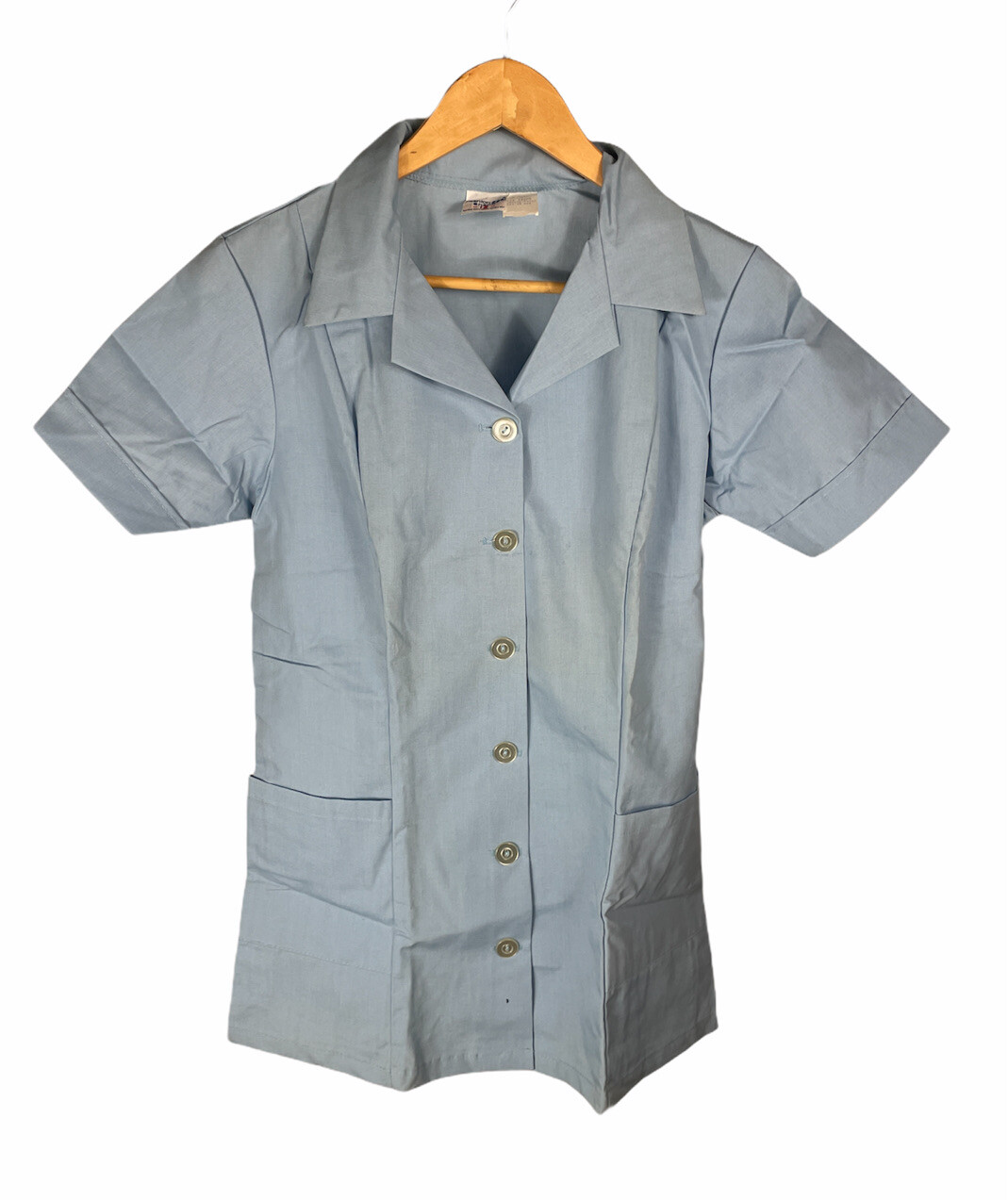 Vintage 70s Fashion Seal Shane Collared 2 Pocket Blue Nurse Scrub Shirt Size 12