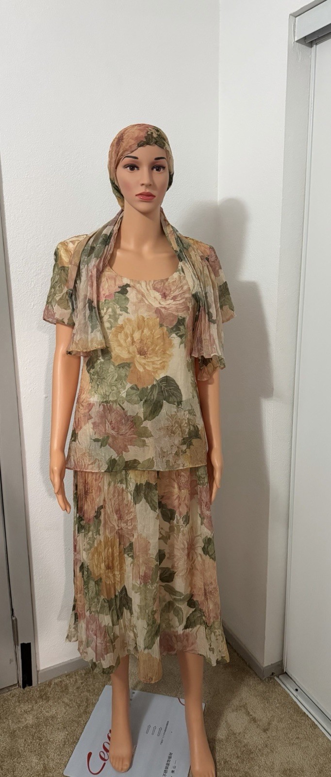 Vintage Midnight Velvet Floral Dress w/ Scarf Sheer Layered Size 8