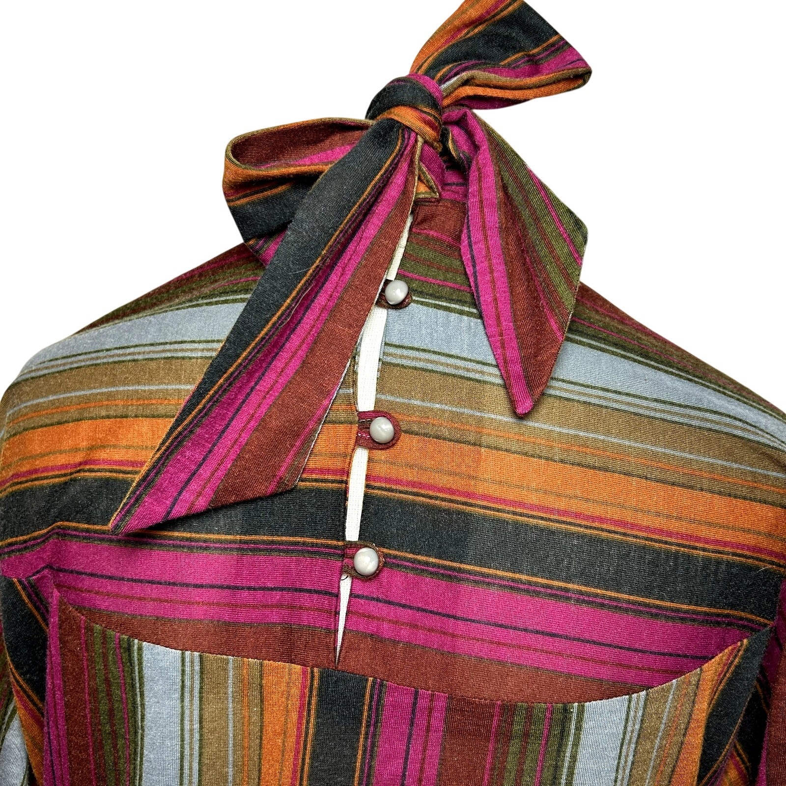VTG 70s Knit Turtleneck Midi Dress L Pussy Bow Multicolor Bespoke Retro Twee