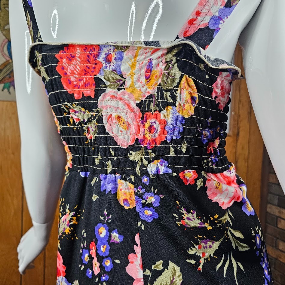 Vintage 70s Sweetheart Volup Smocked Bra Vivid Floral Bloom Sundress Dress L/XL