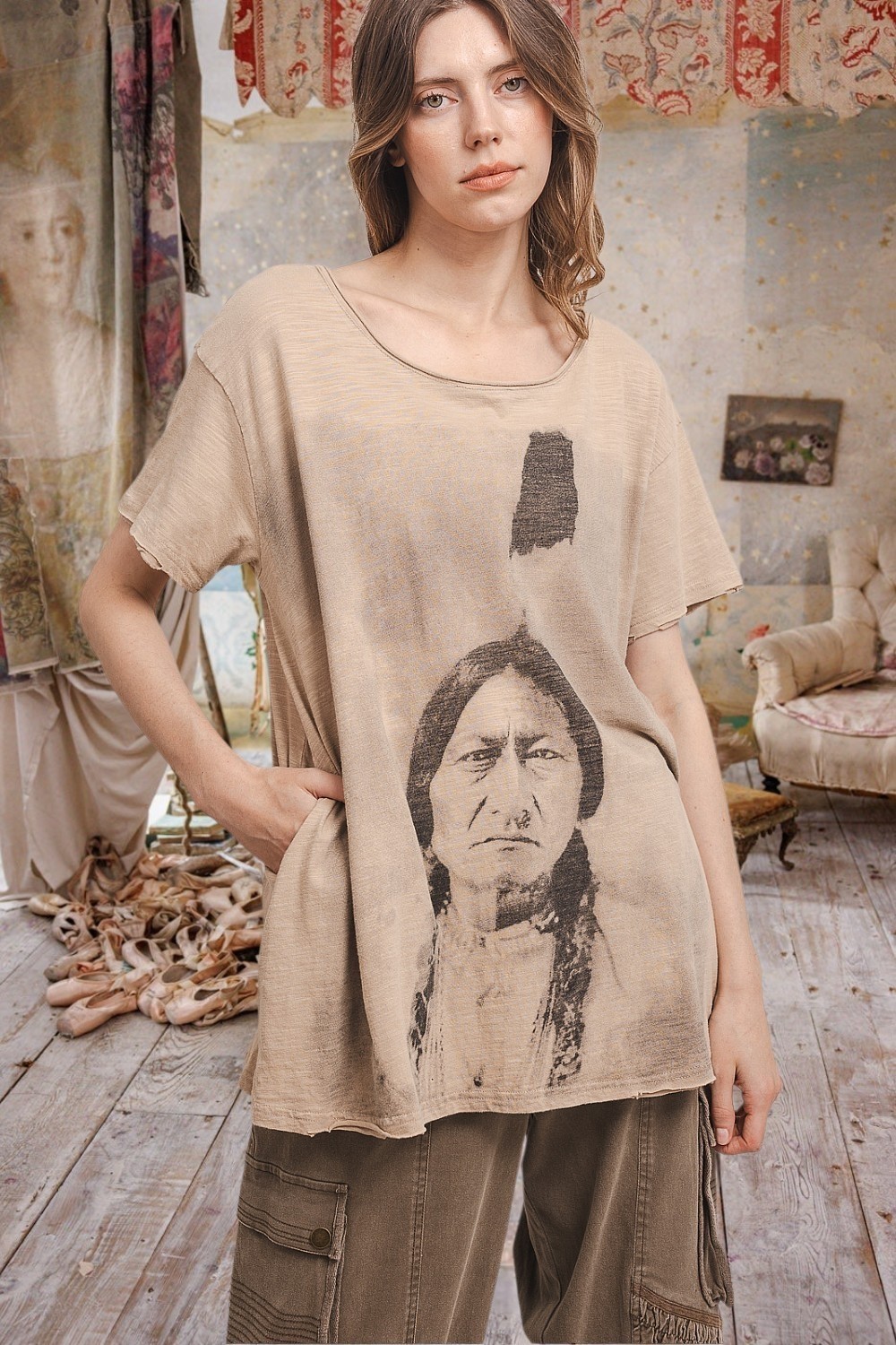 Magnolia Style Light Beige Vintage Distressed hippie boho Tunic shirt top S