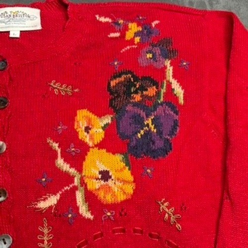 Susan Bristol Cardigan Sweater Womens L Red Hand Embroidered Floral Vintage 90s