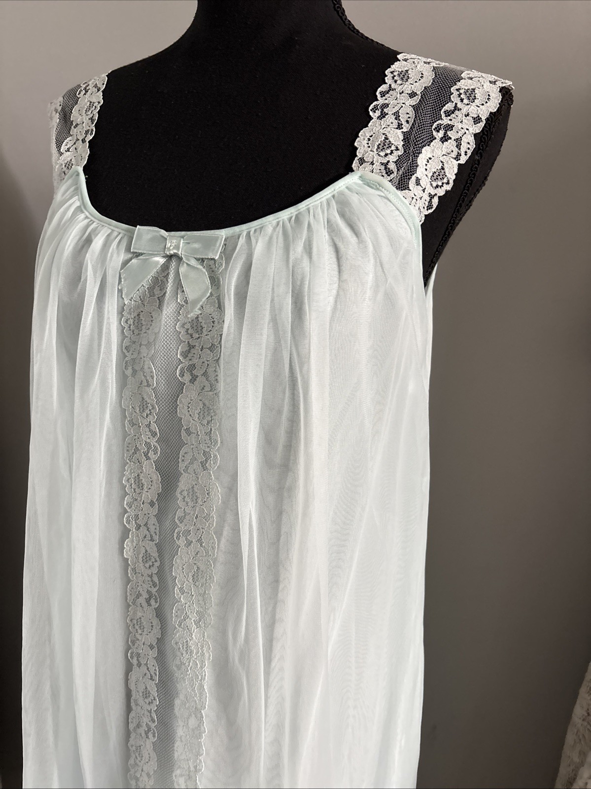 Vtg 60s Lt Blue Double Layer Chiffon Nylon Lace Short Nightgown Nightie Small