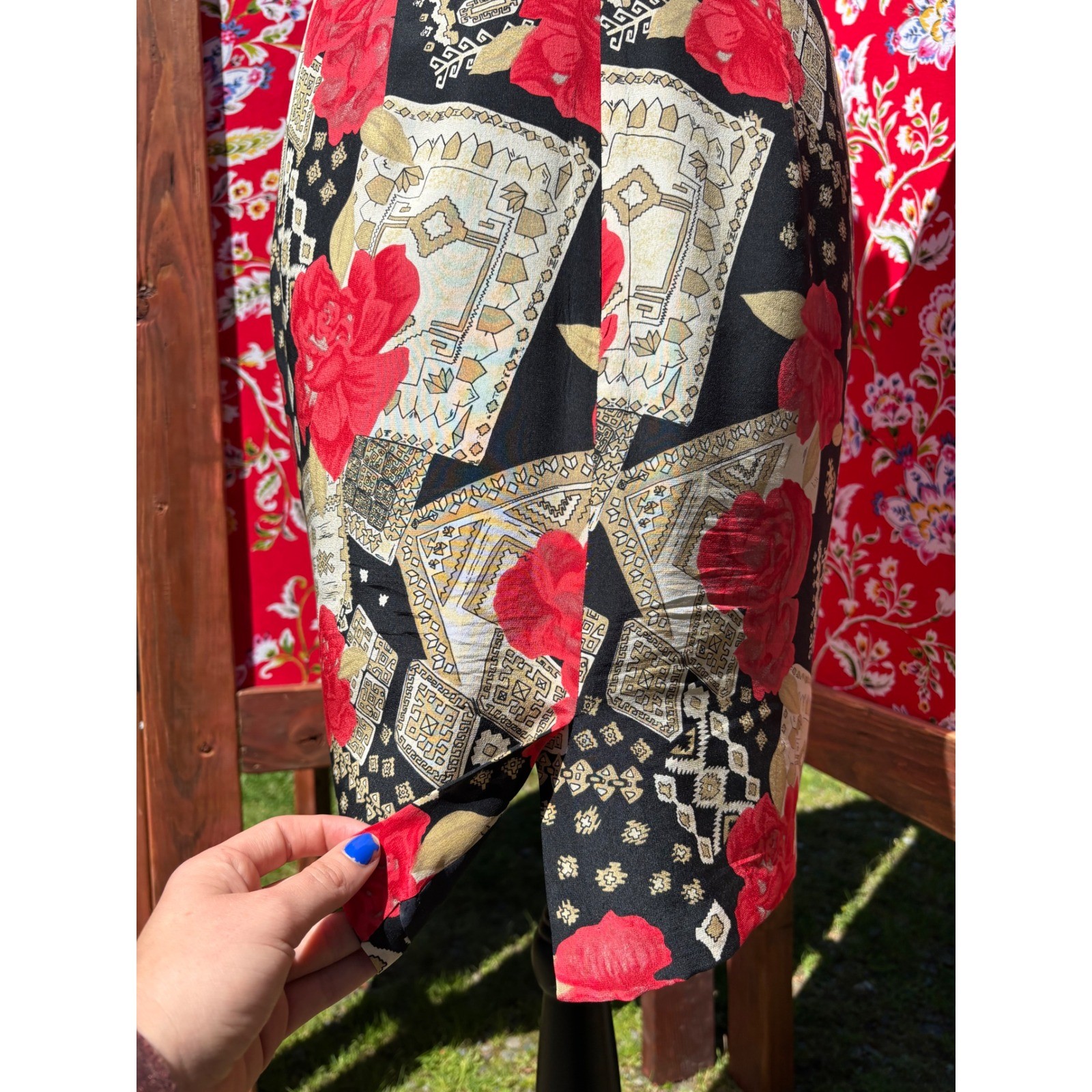100% Silk Vintage Red Black Patchwork Print Boho Chic Euro Summer Dress Size S-M