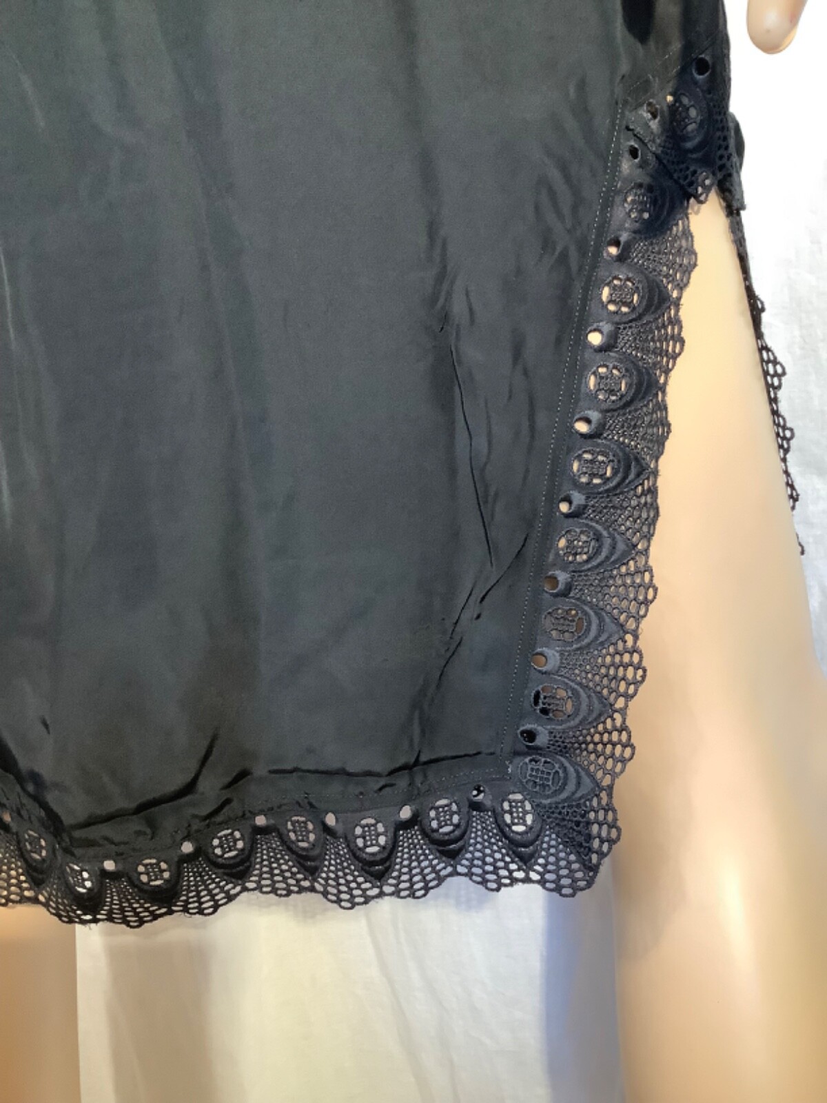 Vintage cold rayon Full Slip nightgown Chemise black M midi WWII slit Lace 40s